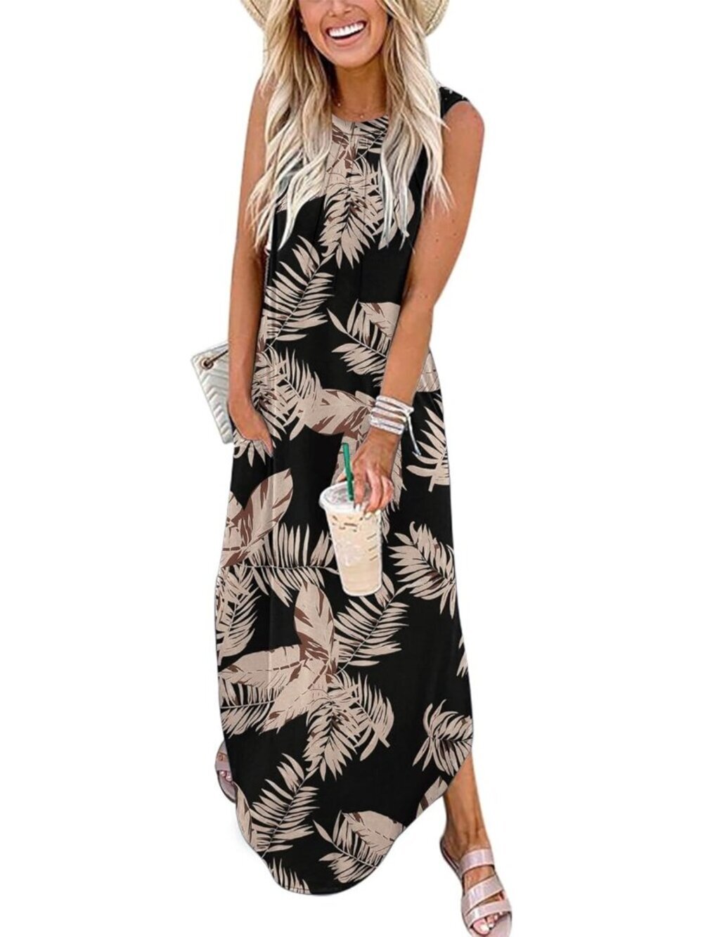 Women's Leaf Black Summer Dress Casual Long Dress Split Curve Hem Dress Floral